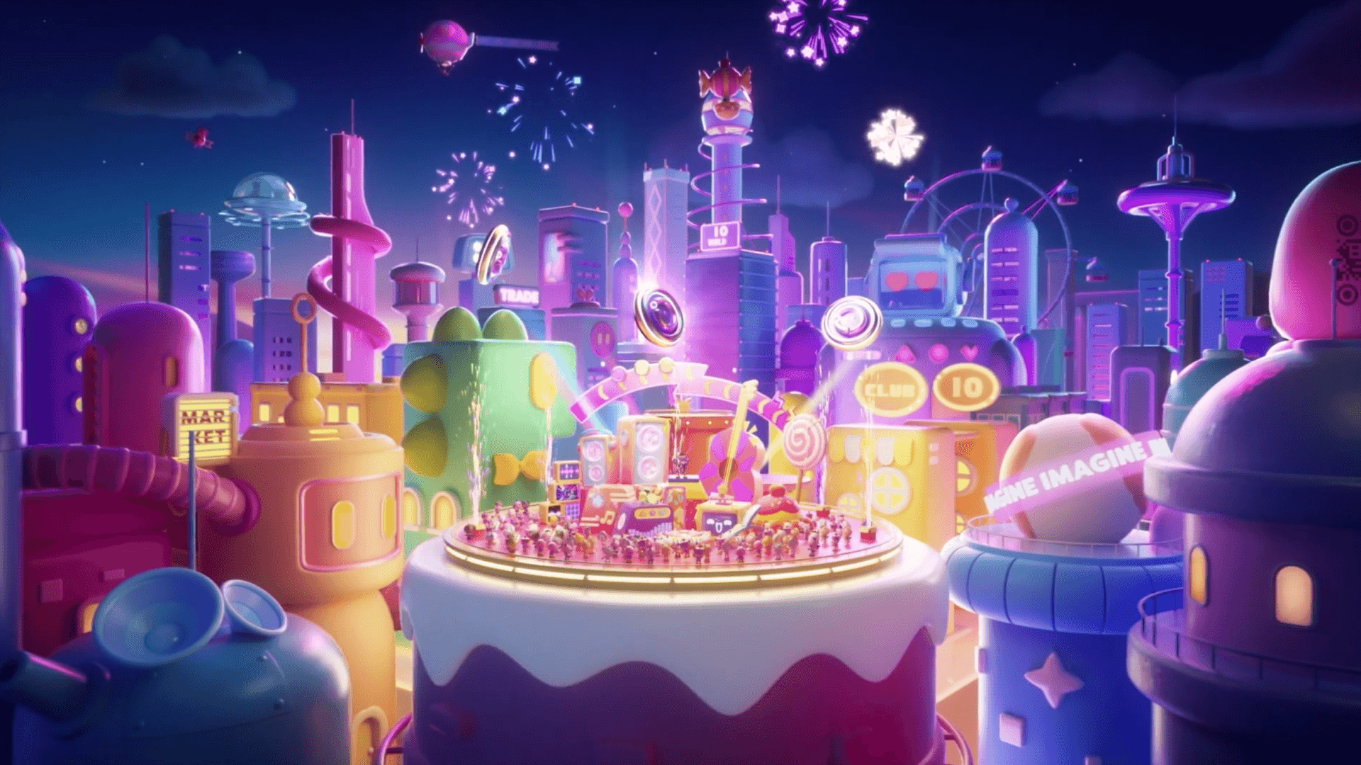They key visual of the website for the the NFT collection, "Imaginary World". A banner that's whimsical and full of vibrancy, it represents the brand with bouncing and colourful balls.